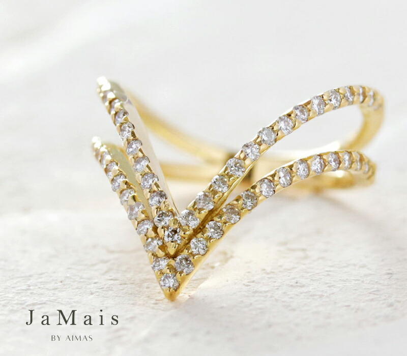 【JaMais】Pointu -ポイントゥ- ダイヤモンド 0.44ct 9号 13号 K18YG 18金イエローゴールド 指輪 V字リング 二重V字 重ね付け風 ストローク 線 ライン メレダイヤモンドリング メレダイヤリング 4月誕生石 ジャメジュエリー 金剛石【Original Jewelry】