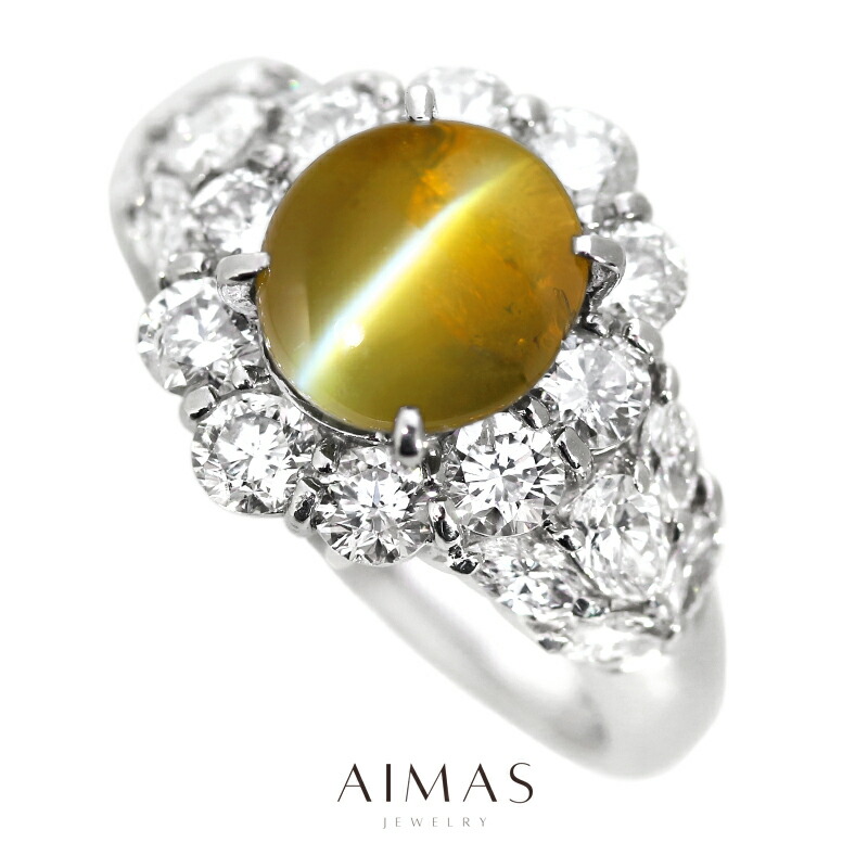 クリソベリルキャッツアイ 3.17ct リング 11.5号 PT900 プラチナ 指輪 ダイヤモンド オーバル カボション ダイヤ取り巻き ヘイロー フラワー お花 猫目効果 ゴージャス 華やか 目立つ 3ctアップ 2月誕生石【中古】【ジュエリー】【送料無料】RLE.MA