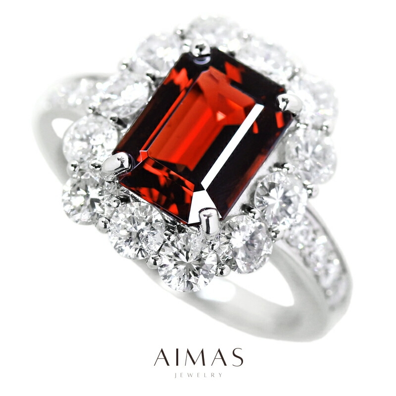 ミャンマー産レッドスピネル 2.75ct リング 12号 PT950 プラチナ 指輪 ダイヤモンド エメラルドカット ステップカット ダイヤ取り巻き ヘイロー レクタングル スクエア 2ctアップ 8月誕生石 希少石 レアストーン【新品】【ジュエリー】【送料無料】RRB.MA｜アイマス
