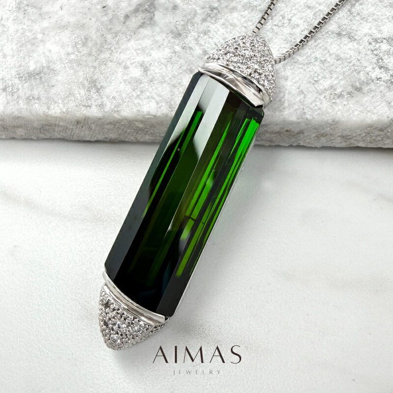 グリーントルマリン 26.22ct ネックレス PT900/850 プラチナ ダイヤモンド 長方形 レクタングル ステップカット ペンダント シンプル おしゃれ ハンサム 大きい 大ぶり 大粒 10月誕生石 ＜ソーティング＞ 【中古】【ジュエリー】【送料無料】RZZ.MI