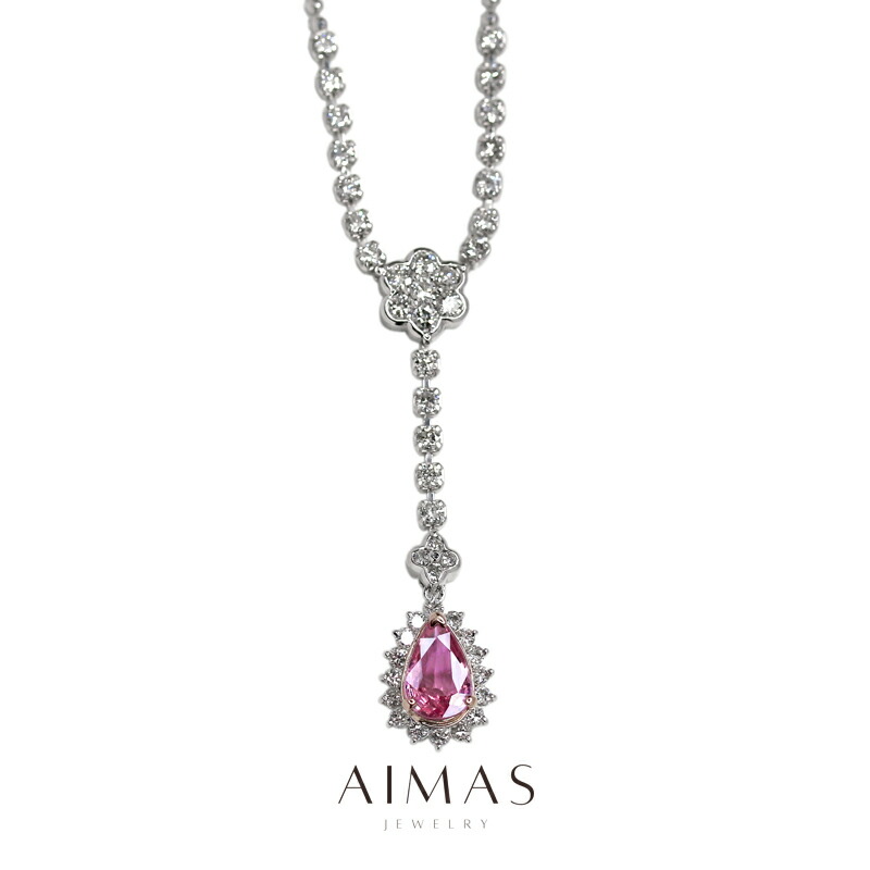 非加熱ピンクサファイア 1.06ct ネックレス PT900/850/PG プラチナ ピンクゴールド ダイヤモンド カラーサファイア Y字 ペアシェイプ ティアドロップ ノーヒート/unheated 1ctアップ 9月誕生石 ＜鑑別書＞【中古】【ジュエリー】【送料無料】RRZ.MA｜アイマス