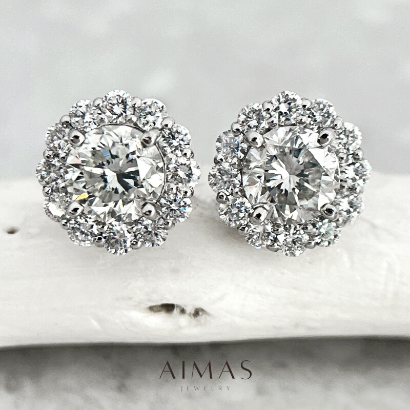 メインダイヤモンド 0.731ct(I SI2)/0.737ct(I I1) ピアス PT900 プラチナ ダイヤ取り巻き ヘイロー ラウンドブリリアント ダイヤモンドピアス フラワー 花 スタッドピアス 4月誕生石 ＜ソーティング＞ 金剛石【新品】【ジュエリー】【送料無料】RLY.MA