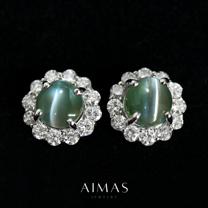 アレキサンドライトキャッツアイ 1.38ct/1.38ct ピアス PT900 プラチナ ラウンド カボション ダイヤ取り巻き ヘイロー フラワー お花 ギフト プレゼント 猫目効果 1ctアップ 6月誕生石 希少石 レアストーン【新品】【ジュエリー】【送料無料】RLJE.MA