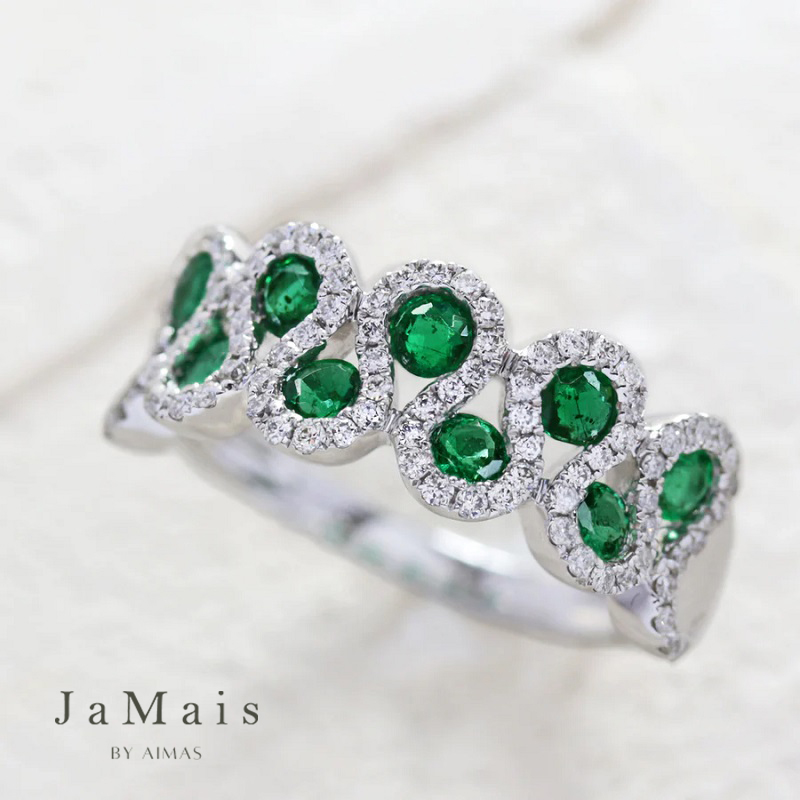 【JaMais】Serpent -セフポン- エメラルド 0.76ct リング 13.5号 K18WG(Au750) 18金ホワイトゴールド ダイヤモンド 指輪 幅広 波 ウェーブ ドット うねうね くねくね ポップ ラウンドカット 5月誕生石 ジャメジュエリー 緑玉【Original Jewelry】