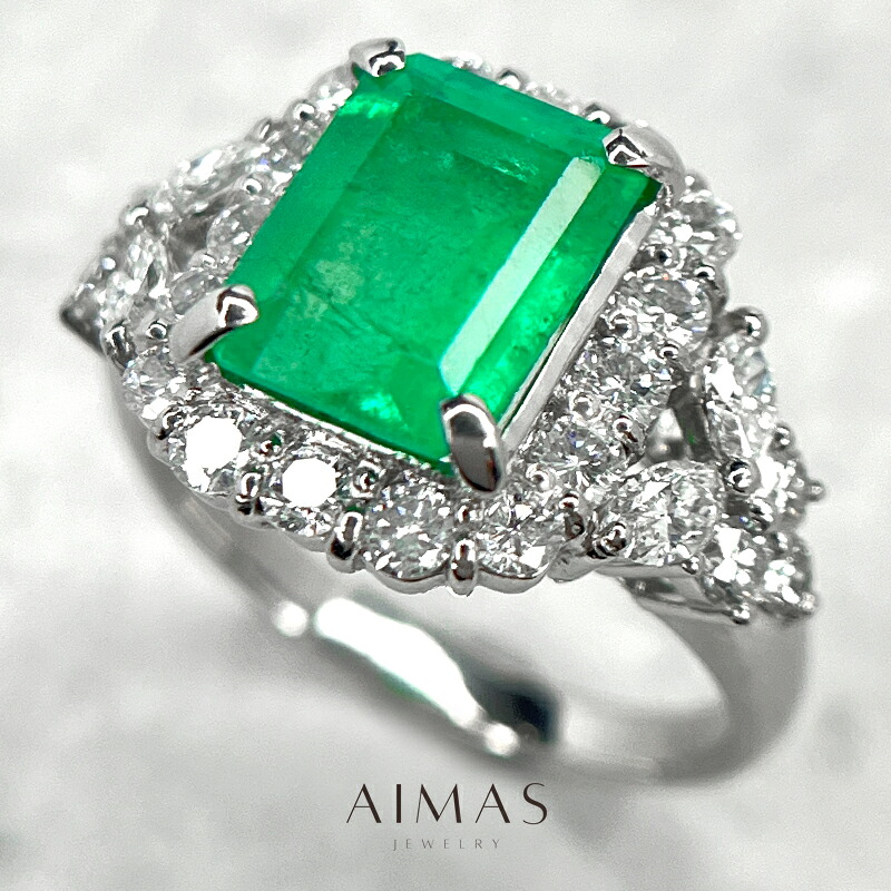 コロンビア産ビビッドグリーンエメラルド 2.37ct リング 12.5号 PT900 プラチナ 指輪 緑玉 ダイヤモンド エメラルドカット スクエア ダイヤ取り巻き ヘイロー 産地証明 マイナー/minor 2ctアップ 5月誕生石 ＜鑑別書＞【新品】【ジュエリー】【送料無料】RLG.MA