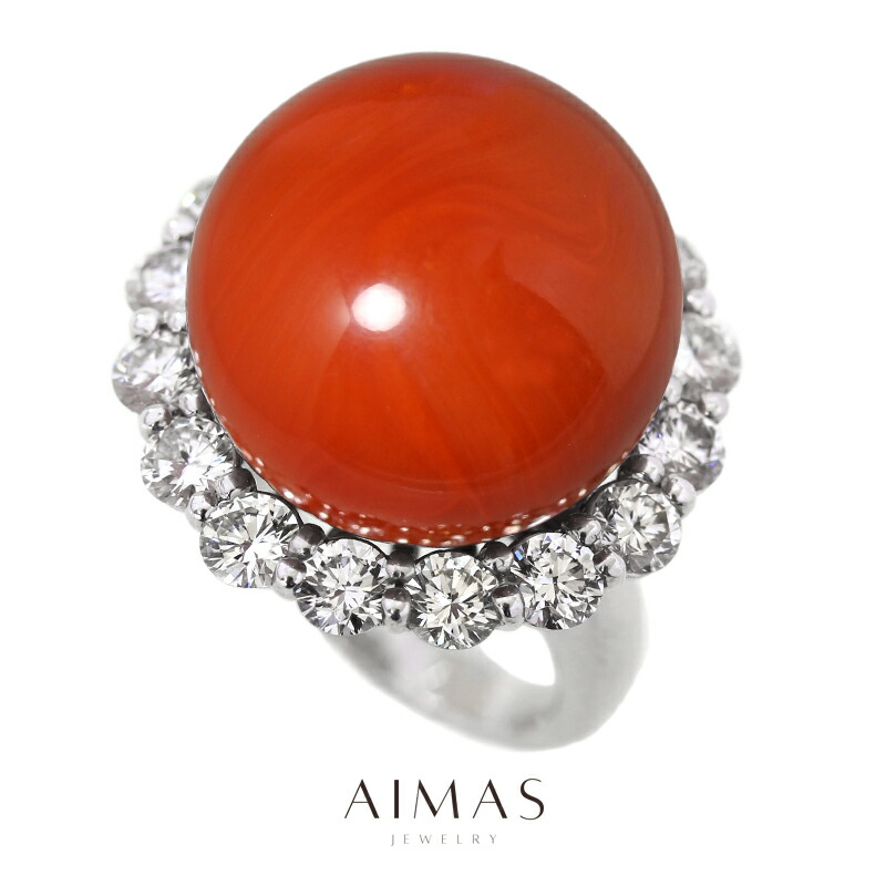 希少　大型　PT900 ダイヤ装飾血赤珊瑚リング 希少・逸品！Pt900 血赤サンゴ ダイヤ リング 8.99g M1909