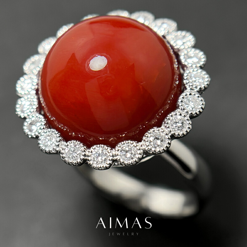 楽天市場】赤珊瑚 14.8mm玉(約15mm) リング 13号 K18WG 18金 ホワイト