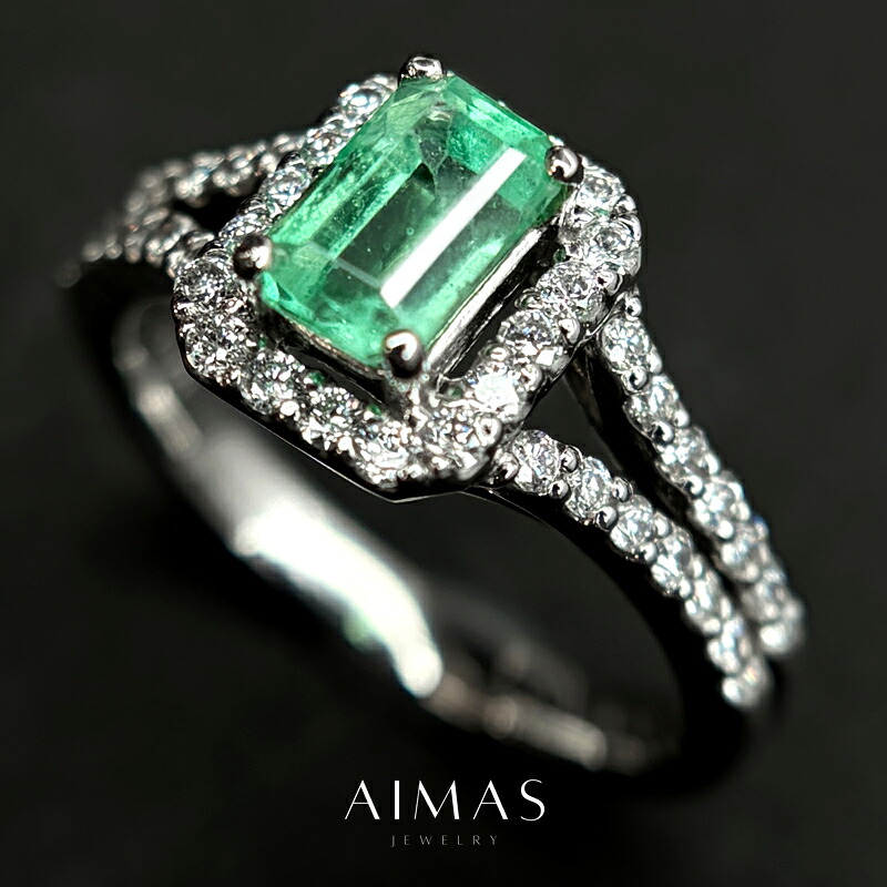 ノンオイルエメラルド 0.89ct リング 13号 PT900 プラチナ 指輪 ダイヤモンド ステップカット エメラルドカット ダイヤ取り巻き ヘイロー 四角 ギフト プレゼント 緑玉 無処理エメラルド 5月誕生石 ＜鑑別書＞【新品】【ジュエリー】【送料無料】RLJZ.MA