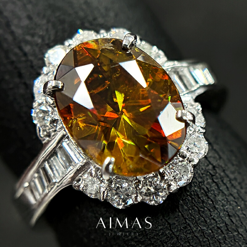 スフェーン 4.21ct リング 12.5号 PT900 プラチナ 指輪 ダイヤモンド オーバル 楕円 レール留め チャネルセッティング ファイア キラキラ 4ctアップ 7月誕生石 希少石 レアストーン【中古】【ジュエリー】【送料無料】RBM.MA