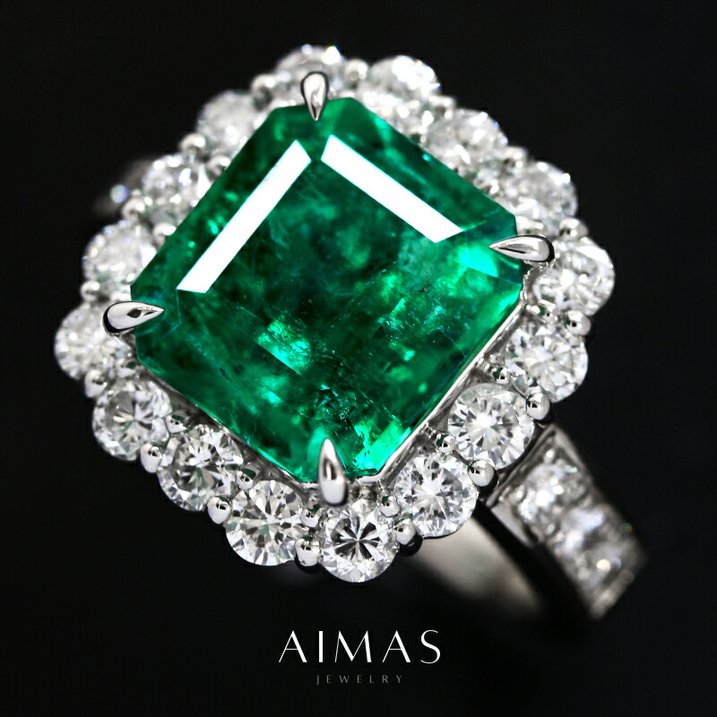 コロンビア産ビビッドグリーンエメラルド 4.68ct リング 12号 PT900 プラチナ 指輪 ダイヤモンド エメラルドカット スクエア ダイヤ取り巻き ヘイロー 産地証明 マイナー/minor 緑玉 4ctアップ 5月誕生石 ＜鑑別書＞【新品】【ジュエリー】【送料無料】RBM.MA｜アイマス 832,230円
