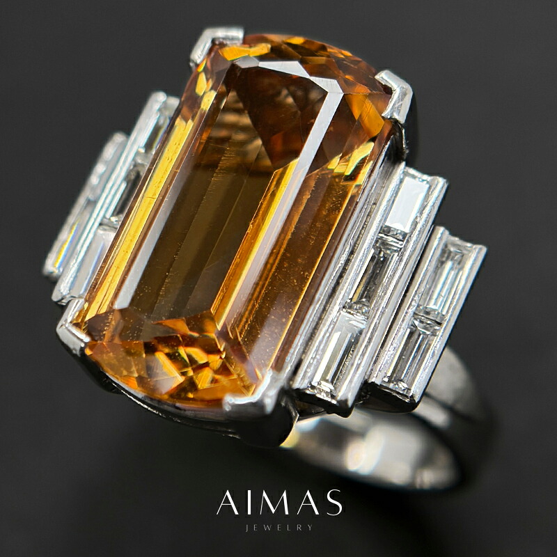 インペリアルトパーズ 8.18ct リング 11.5号 PT900 プラチナ 指輪 ダイヤモンド ステップカット レクタングル 長方形 サイドメレ 取り巻きなし ヴィンテージ 大粒 11月誕生石 ＜ソーティング＞ 【中古】【ジュエリー】【送料無料】RBY.MA