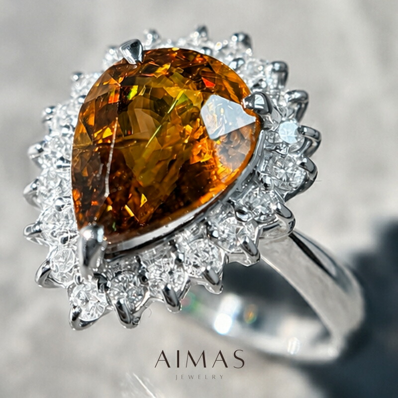 スフェーン 3.18ct リング 10号 PT900 プラチナ 指輪 ダイヤモンド ペアシェイプ ティアドロップ しずく 雫 ダイヤ取り巻き ファイア キラキラ 3ctアップ 7月誕生石 希少石 レアストーン【中古】【ジュエリー】【送料無料】RMR.MI｜アイマス