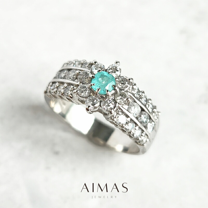 パライバトルマリンリング 0.15ct リング 11号 PT900 プラチナ 指輪 ダイヤ取り巻き ヘイロー フラワー お花 パライバリング 希少石 レアストーン 10月誕生石 【中古】【ジュエリー】【送料無料】RRJ.TM