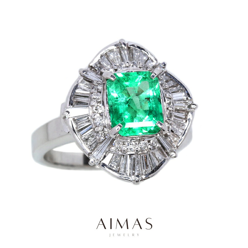 コロンビア産エメラルド 1.46ct リング 15号 PT900 プラチナ 指輪 ダイヤ取り巻き エメラルドリング ダイヤモンド ビンテージ F1マイナー/Minor 産地証明 1ctアップ 5月誕生石 ＜AIGS鑑別書＞ 緑玉【中古】【ジュエリー】【送料無料】RRG.TM