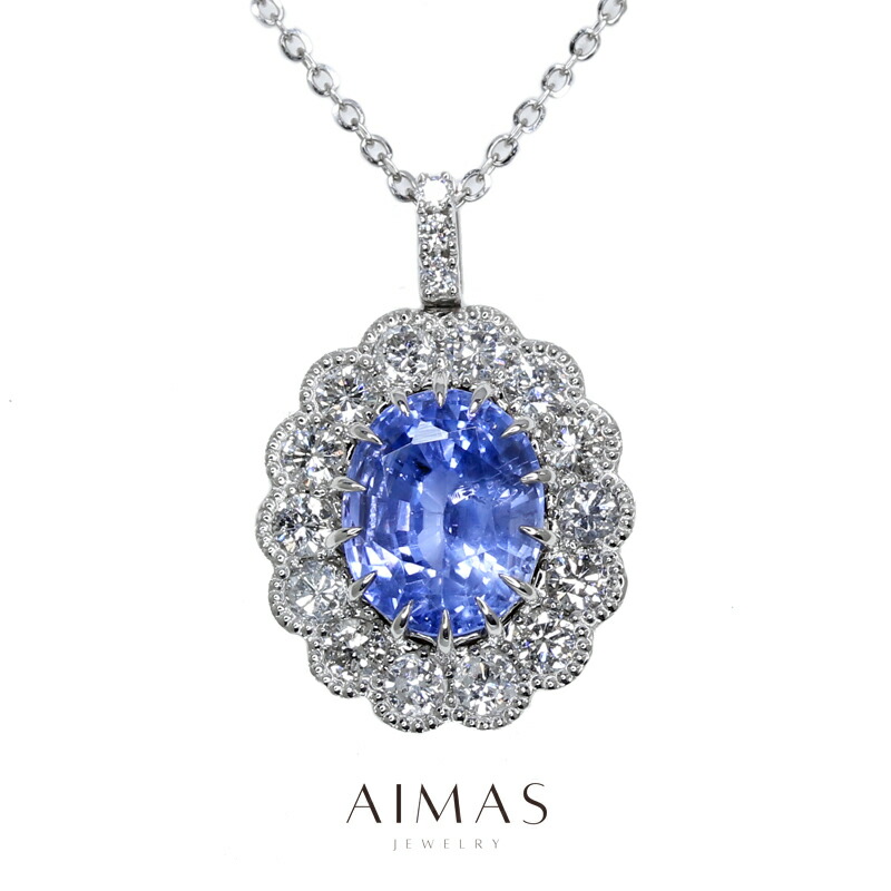 ブルーサファイア 2.807ct ネックレス PT900/850 プラチナ ダイヤモンド ペンダント ダイヤ取り巻き ヘイロー お花 ミル打ち ギフト プレゼント 2ctアップ 9月誕生石 ＜ソーティング＞ 【新品】【ジュエリー】【送料無料】RRG.TM
