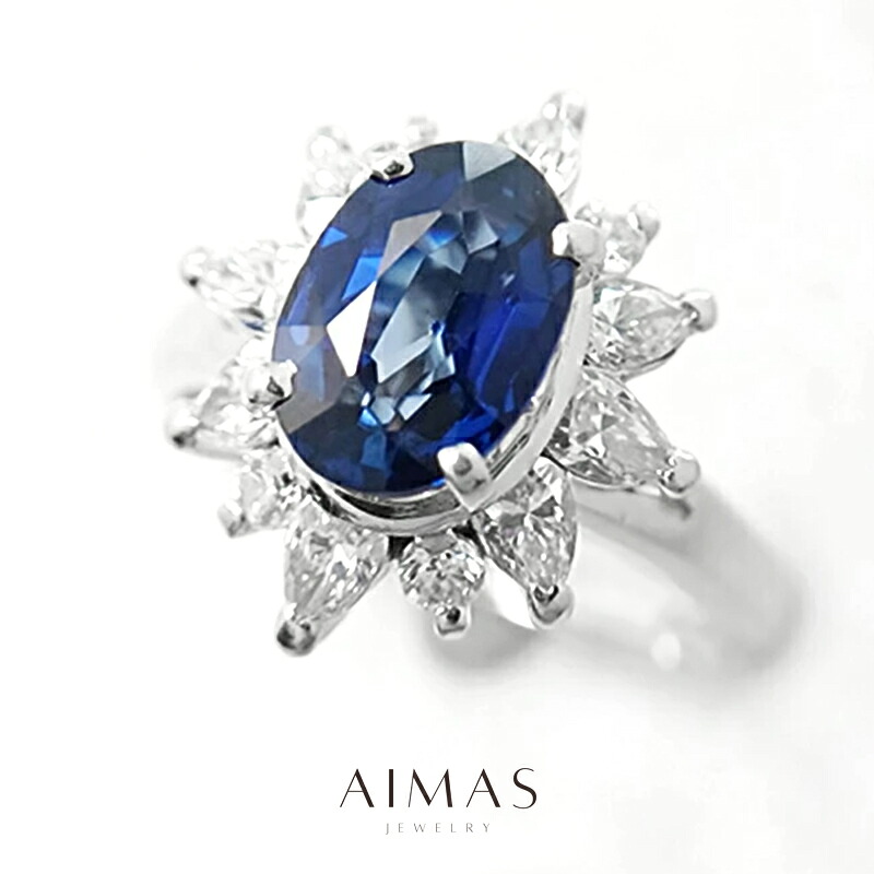 ロイヤルブルーサファイア 1.64ct リング 16号 PT900(Pm) プラチナ 指輪 ダイヤモンド ダイヤ取り巻き ヘイロー フラワー お花 サファイヤ オーバル 1ctアップ 9月誕生石 <鑑別書> 【中古】【ジュエリー】【送料無料】RRJZ.MO|アイマス