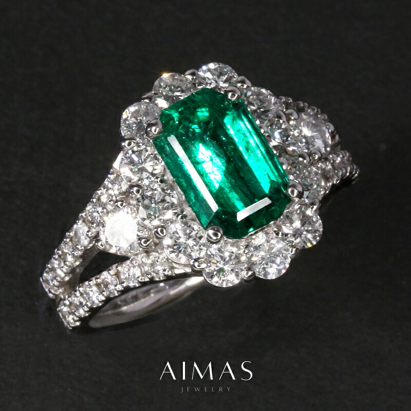 コロンビア産エメラルド 1.8ct リング 12号 PT900 プラチナ 指輪 ダイヤモンド ダイヤ取り巻き ヘイロー エメラルドリング スクエア 長方形 四角 レクタングル マイナー/minor 産地証明 1ctアップ 4月誕生石 <鑑別書>【中古】【ジュエリー】【送料無料】RLB.TN|アイマス