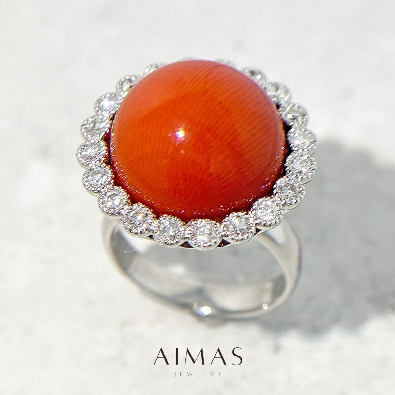 楽天市場】赤珊瑚 14.8mm玉(約15mm) リング 13号 K18WG 18金 ホワイト
