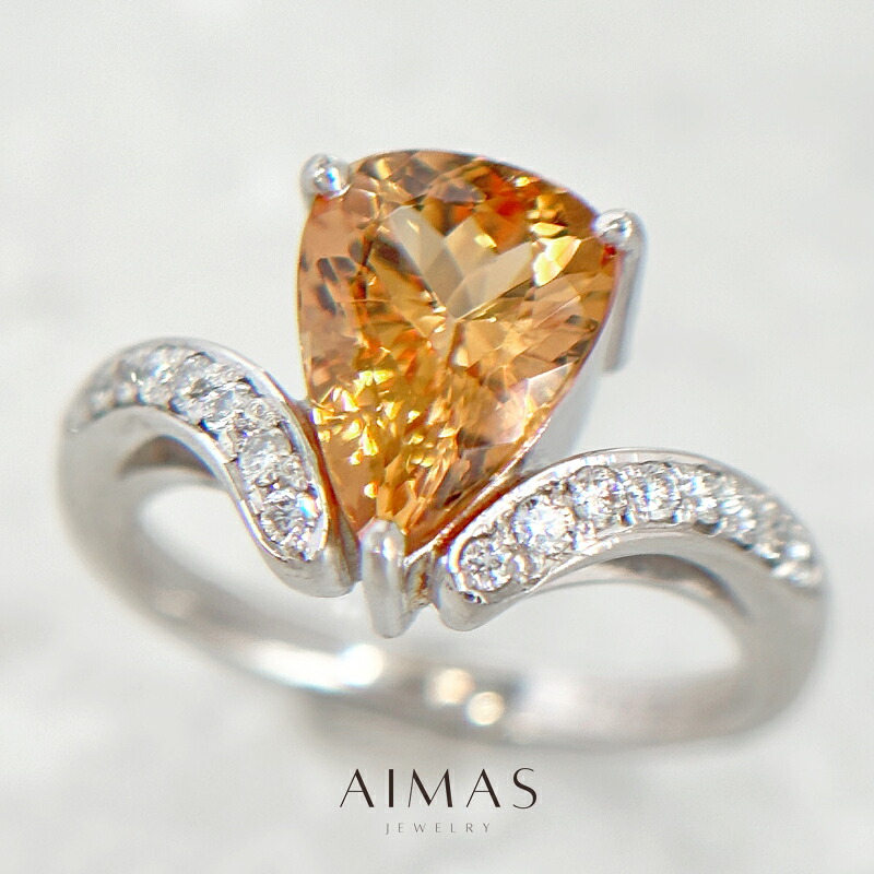 インペリアルトパーズ 2.68ct リング 11.5号 PT900 プラチナ 指輪 ペアシェイプ ティアドロップ 雫 V字リング Vライン 曲線 ダイヤモンド 2ctアップ 11月誕生石 ＜ソーティング＞ 【中古】【ジュエリー】【送料無料】RBM.R