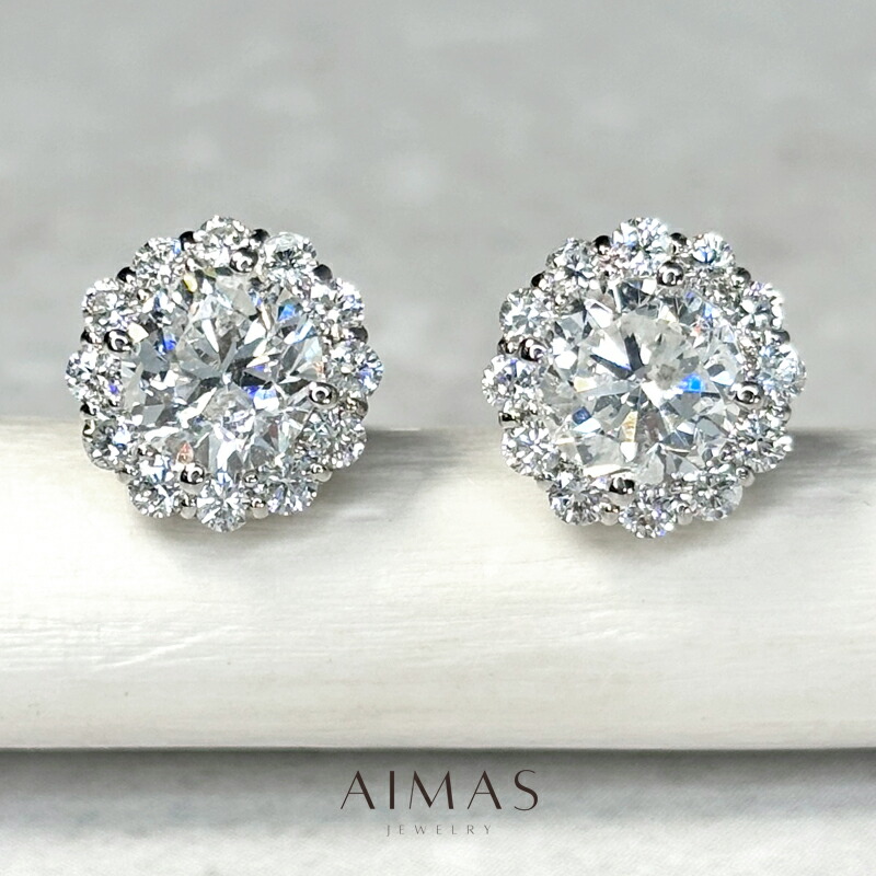メインダイヤモンド 1.168ct(H I1)/1.042ct(G I1) ピアス PT900 プラチナ ダイヤ取り巻き ヘイロー ラウンドブリリアント ダイヤモンドピアス フラワー プレゼント 1ctアップ 4月誕生石 ＜ソーティング＞ 金剛石 【新品】【ジュエリー】【送料無料】RLR.R