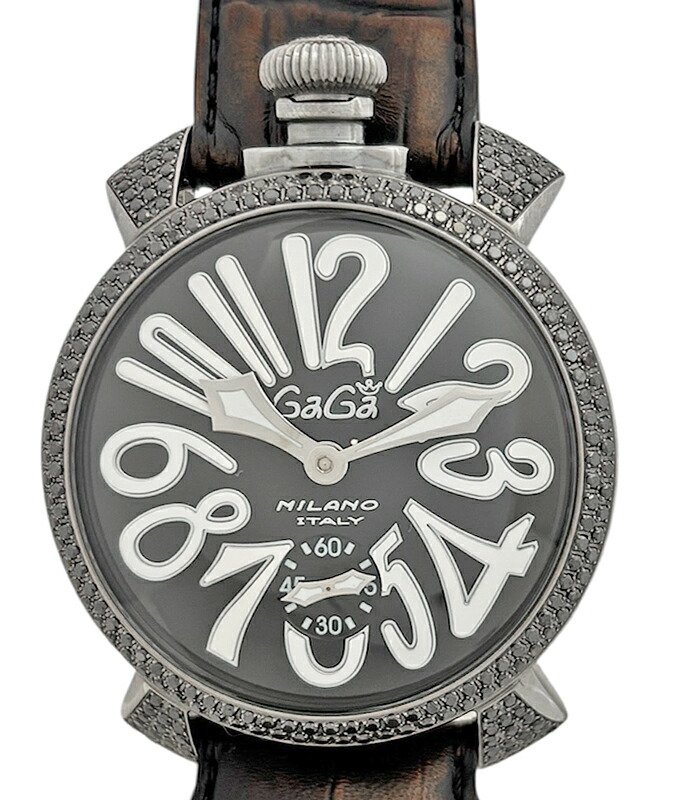 【GaGa Milano】ガガミラノ 5012.2d6S MANUALE マヌアーレ 48mm 腕時計 ブラック 文字盤 裏スケルトン シースルーバック ブラックダイヤ メンズ 腕時計 手巻き【中古】【送料無料】【腕時計】 RBM.R｜アイマス