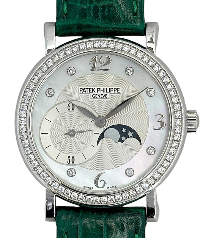 【PATEK PHILIPPE】パテックフィリップ アニュアルカレンダー ダイヤモンドベゼル ムーンフェイズ 4958G-001 ホワイトマザーオブパール 文字盤 K18WG 750 ホワイトゴールド シースルーバック 裏スケルトン レディース 腕時計 手巻き 【中古】【送料無料】【腕時計】 RBG.R|アイマス
