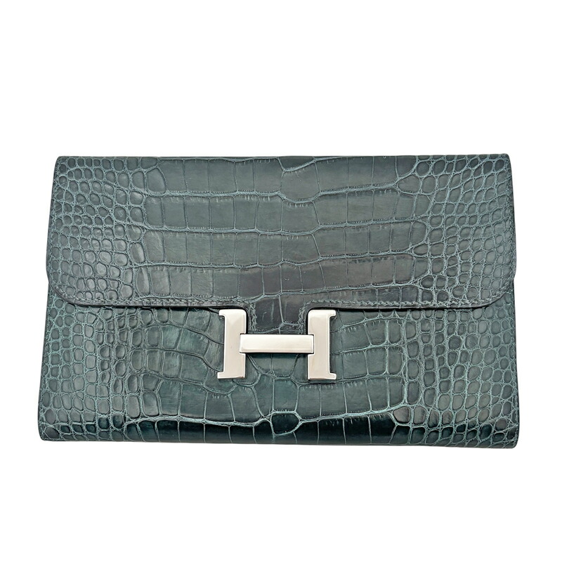 【HERMES】エルメス コンスタンス ロング ロングウォレット 金入れ 長金入れ クラッチペダル御徒面子 クロコ アリゲーター コル頭を覆う物 青碧 緑であること青碧 青 blue しろがね色金具  エキゾチックレザー □Q目じるし【中古】【貨物輸送無料】 RBY.R