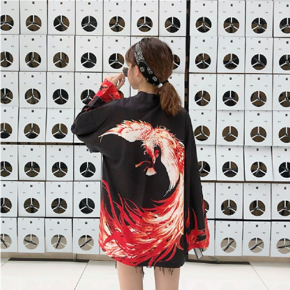 法被 鳳凰 羽織り 夏恋 ブラックorホワイト 半天 韓国ファッション 夏祭り ハッピ 半纏 長半纏 はんてん 寺 神社