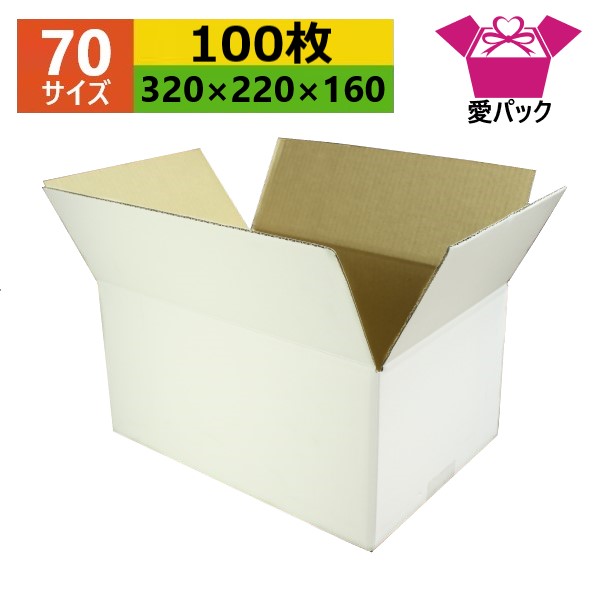 ダンボール箱 段ボール 70(80サイズ) A4対応 白 (320×220×160) (無地×100枚) アパレル 送料無料 日本製 ダンボール 段ボール箱 梱包用 通販用 小物用 ネットショップ オークション フリマアプリ 発送用 宅配 引越し 引っ越し 収納 薄型素材 無地ケース ホワイト|ダンボールの愛パック