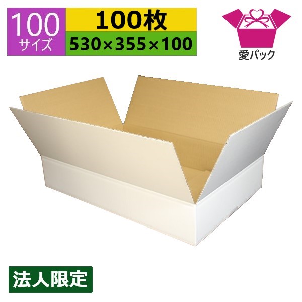 ダンボール箱 段ボール 100サイズ 白 (530×355×100) (無地×100枚) アパレル 法人限定 中芯強化材質 日本製 ダンボール 段ボール箱 梱包用 通販用 小物用 ネットショップ オークション フリマアプリ 発送用 宅配 引越し 引っ越し 収納 無地ケース ホワイト