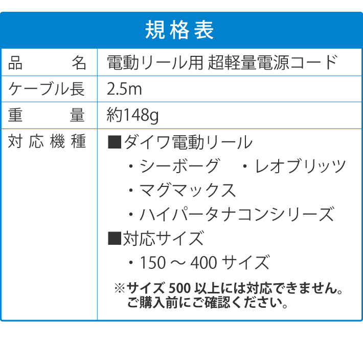 電動リール用電源コード 長さ 250cm スーパーエアー 超軽量 約148ｇ