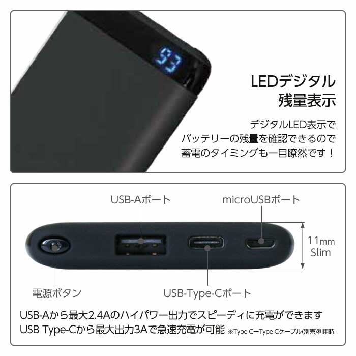 楽天市場 ポイント20倍 11 15 モバイルバッテリー 充電器 6000maiphone スマートフォン タブレット 残量表示 薄型 高出力 2 4a 急速充電 対応 Type C Microusb ケーブル付属 リチウム ホワイト ブラック 震災 災害 特価 Sale エアージェイ 楽天市場店