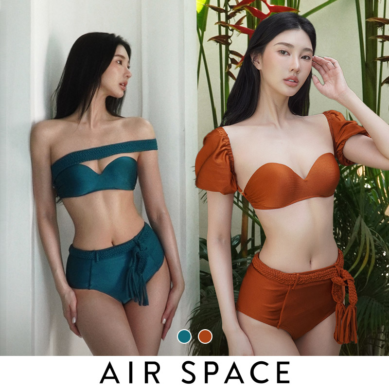 【マラソン★全品10％OFFクーポン】水着 レディース ビキニ 盛れる 美胸 谷間 XS-XL ブラウン グリーン 無地 バンドゥ オフショル フリル 3WAY ワンショルダー 半袖 アシンメトリー 単品 【AIR SPACE】【盛れるビキニ】
