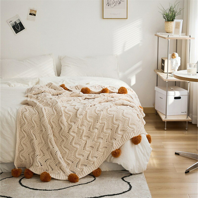 ブランケット 可愛い 毛布 ひざ掛け シングル シェニール(Chenille)織り 北欧 厚手 ニットブランケット ポンポン スローケット マルチカバー 大判 ふわふわ 柔らかい 冷房対策