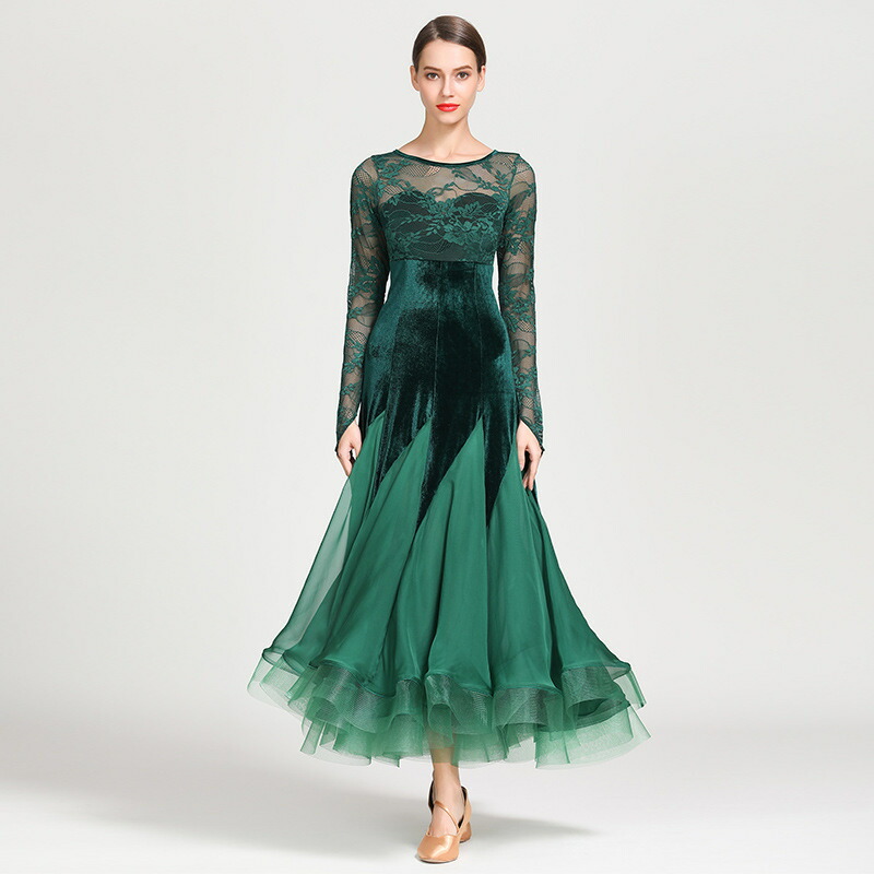 【傾斜デザインセンス】ベルベット演出服 シフォン糸 セクシーレース社交ダンスドレス パーティー舞台衣装 モダンドレス ロング 競技デモ  送料無料 社交ダンス衣装 社交ダンスドレス ブラック 刺繍花