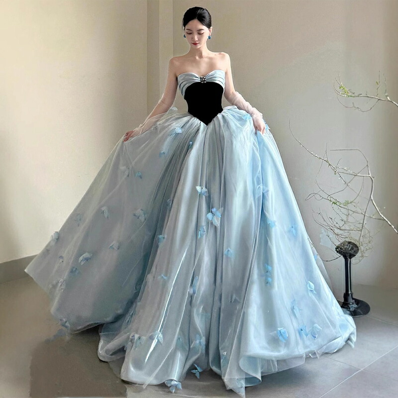 送料無料 イブニングドレス ビスチェドレス ロングドレス ブルー ブラック 蝶柄 オシャレ 可愛い 発表会ドレス 演奏会ドレス 演出服 フォーマル ベロア ベルベット サテン 成人式ドレス パーティードレス 水色 黒 Aライン ノースリーブ S M L XL XXL|えあとんショッピング