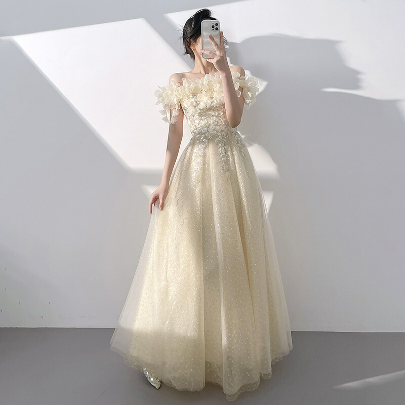 送料無料 イブニングドレス ロングドレス オフショルダー シャンパン色 可愛い 発表会ドレス 結婚式ドレス 二次会ドレス オフショル 成人式ドレス 同窓会 謝恩会 パーティードレス Aライン XS S M L XL XXL XXXL