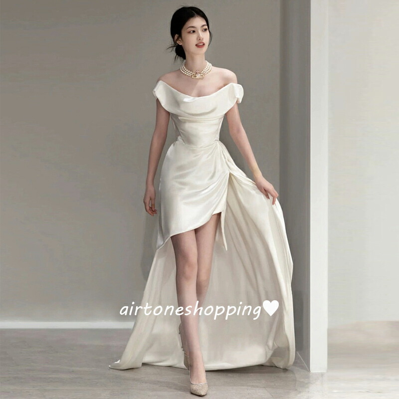 送料無料 ウェディングドレス 二次会ドレス ミニドレス オフショルダー 白 黒 サテン 結婚式ドレス 二次会 ホワイト ブラック トレーンドレス ウェディング ドレス 無地 海外挙式 撮影 XS S M L XL XXL XXXL