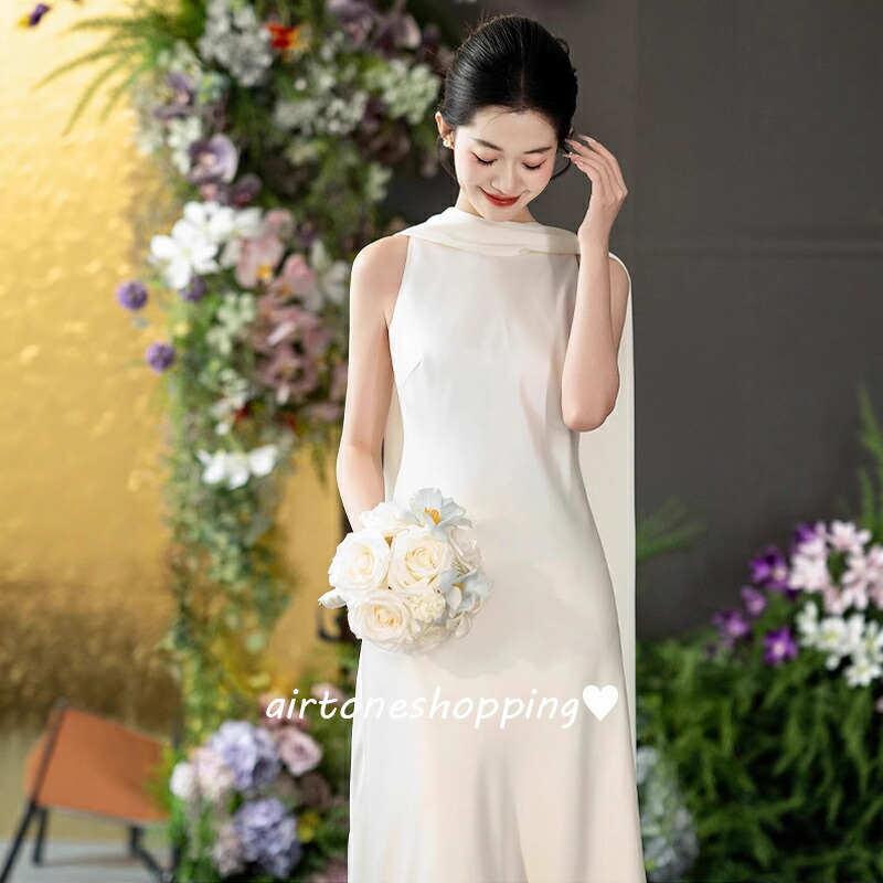 送料無料 二次会ドレス ウェディングドレス ホルターネック 白 サテン 結婚式ドレス 二次会 ロングドレス ホワイトドレス Aライン ウェディング ドレス 海外挙式 撮影 XS S M L XL XXL XXXL