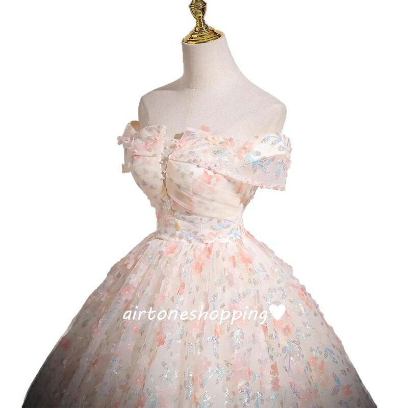送料無料 演奏会ドレス ロングドレス オフショルダー ピンク 花柄 可愛い オシャレ イブニングドレス 発表会ドレス演出服 コンサート コンクール コンテスト ビーズ パール スパンコール パーティードレス 成人式ドレス 同窓会 Aライン XS S M L XL XXL XXXL