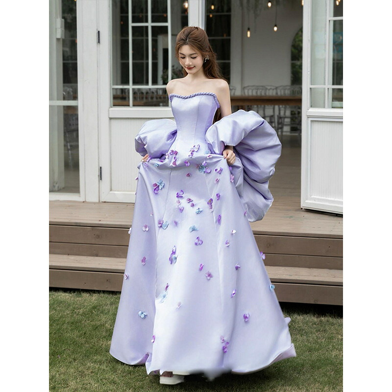 送料無料 イブニングドレス ビスチドレス パープル 花柄 フラワーガール 可愛い オシャレ サテン ドレス 発表会ドレス ロングドレス 紫色 オフショルダー トレーンドレス パーティードレス Aライン ノースリーブ XS S M L XL XXL