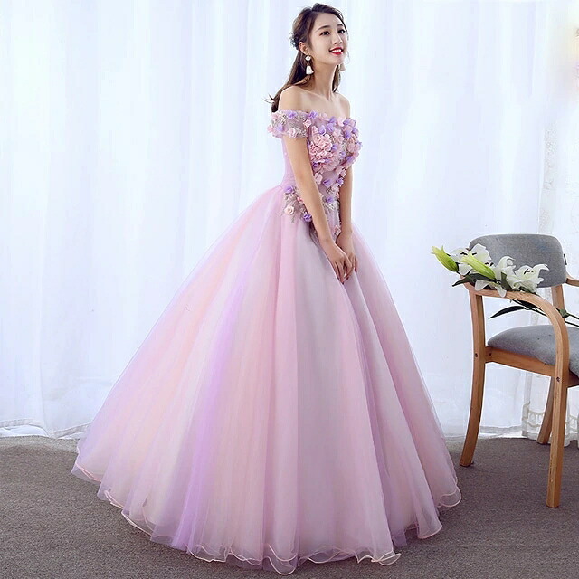 送料無料 演奏会ドレス ロングドレス パープルピンク イブニングドレス オフショルダー 花柄 オシャレ 発表会ドレス ロング Aライン パーティードレス フラワー コンサート コンクール XS S M L XL XXL｜えあとんショッピング