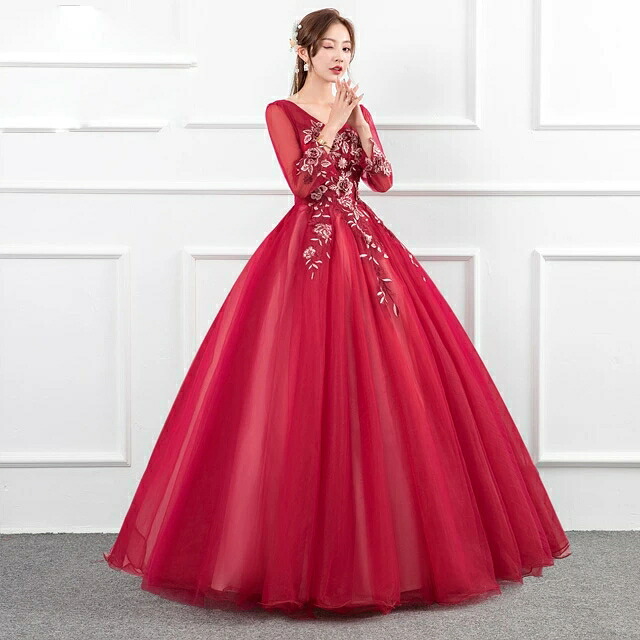 送料無料 結婚式ドレス 二次会ドレス ワイン赤 刺・墸花柄 オシャレ ロングドレス 演奏会ドレス 発表会ドレス コンサート コンクール イブニングドレス パーティードレス ワインレッド Vネック 9分袖 Aライン S M L XL XXL XXXL｜えあとんショッピング