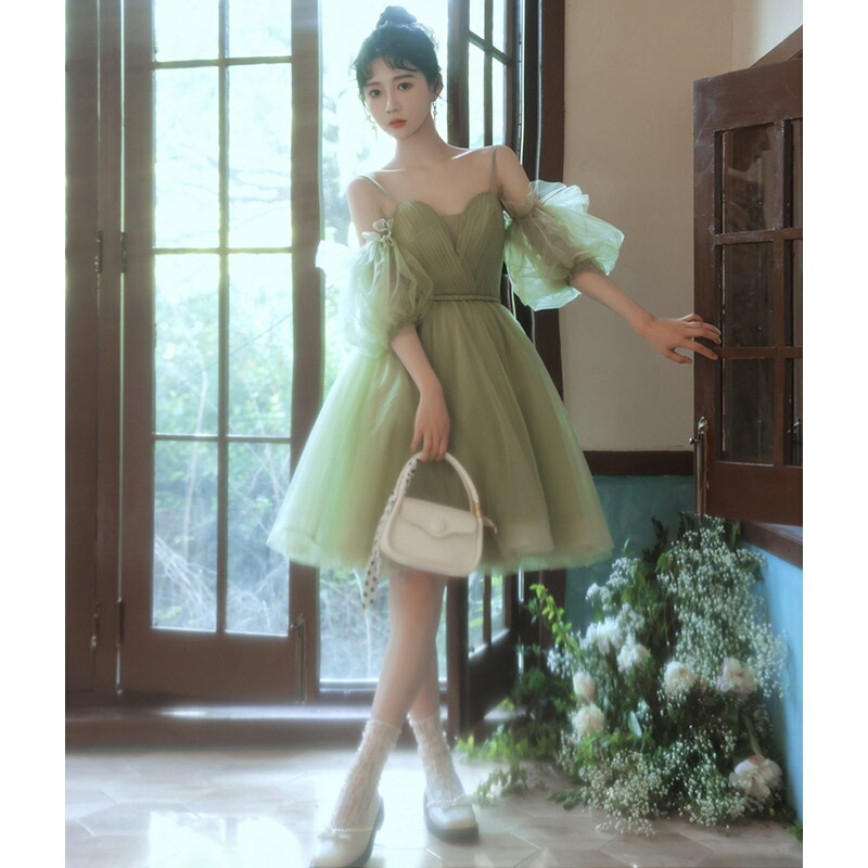 送料無料 結婚式ドレス 二次会ドレス グリーン ミニドレス 可愛い キャミドレス オフショルダー Vネック チュール ドレス ショート丈 20代 30代 パーティードレス パフスリーブ イエロー 白 ホワイト XS S M L XL XXL 4,869円