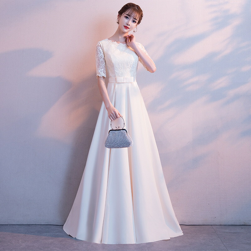 送料無料 イブニングドレス ライトシャンパン色 レース サテン ロングドレス 結婚式ドレス 二次会ドレス お呼ばれドレス Aライン ロング丈 パーティードレス 発表会ドレス 演奏会ドレス XS S M L XL XXL XXXL