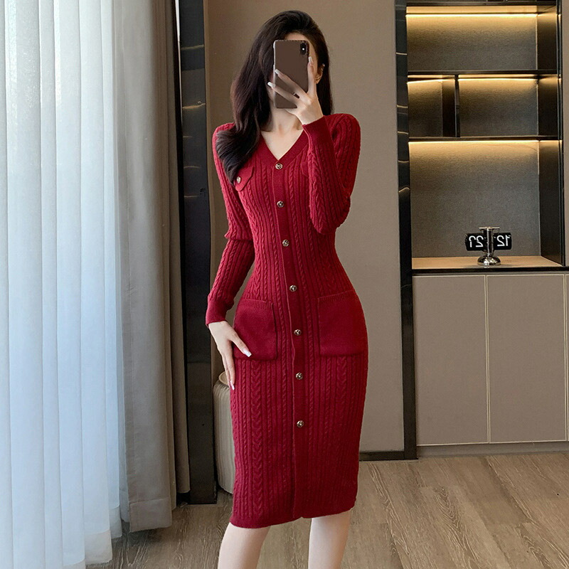 楽天市場】ワイン赤 L オシャレ ボタン M ニットワンピース 春 ニット