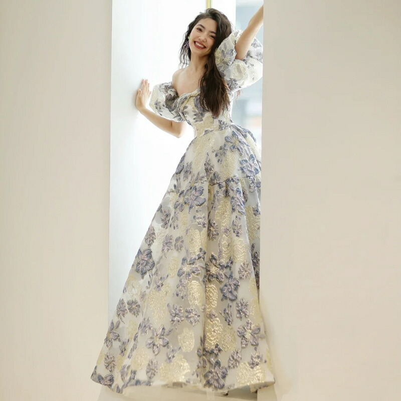 送料無料 イブニングドレス ロングドレス ブルー ゴールド プリント花柄 オシャレ 可愛い 発表会ドレス オフショルダー 花柄 ロング丈 Aライン パーティードレス 結婚式ドレス 二次会ドレス ビスチェドレス S M L XL XXL XXXL|えあとんショッピング