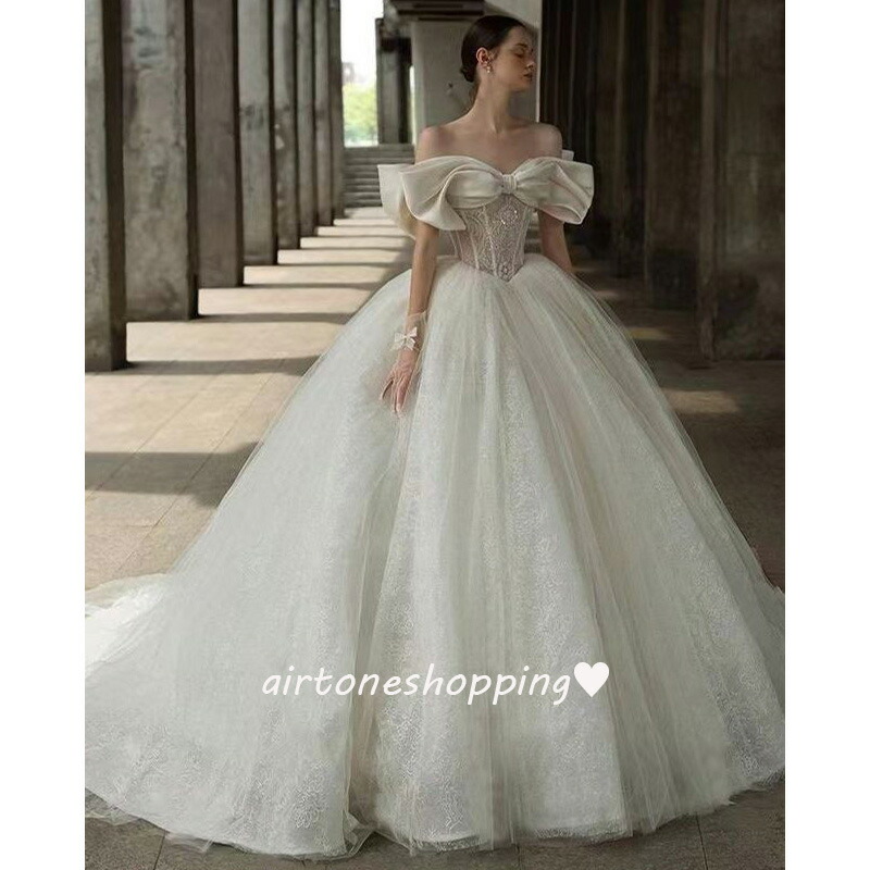 送料無料 ウェディングドレス オフショルダー 白 ロングドレス 結婚式ドレス 二次会ドレス オフショル サテン チュール ビーズ 高級感 二次会 ウェディング ドレス トレーンドレス Aライン 海外挙式 撮影 S M L XL XXL|えあとんショッピング