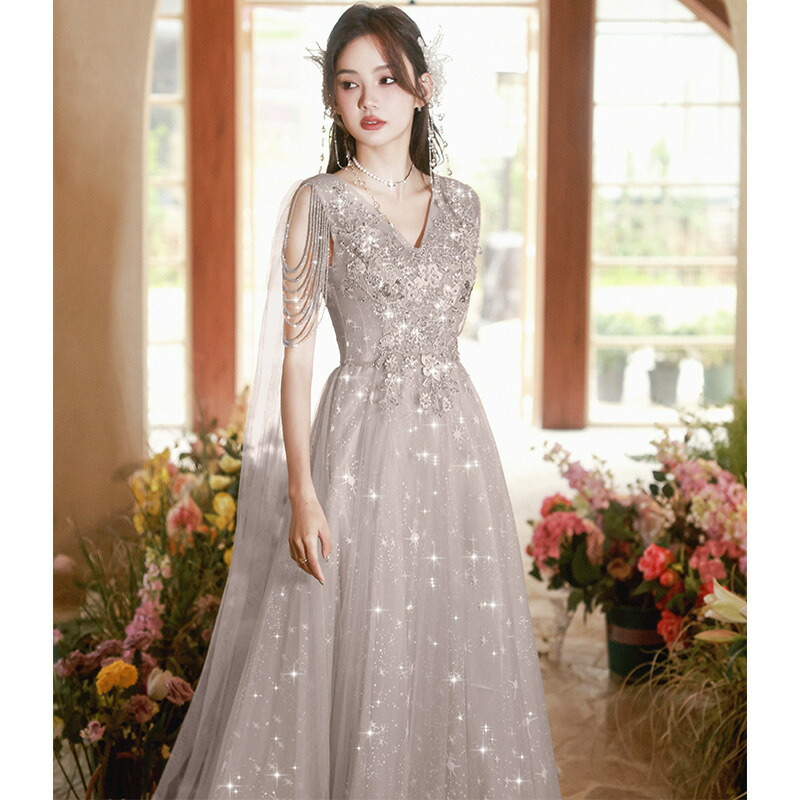 送料無料 イブニングドレス ロングドレス 花柄 グレー シャンパン色 ビーズ フリンジ オシャレ 結婚式ドレス 二次会ドレス Vネック 演奏会ドレス 演出服 パーティードレス ロング Aライン XS S M L XL XXL XXXL