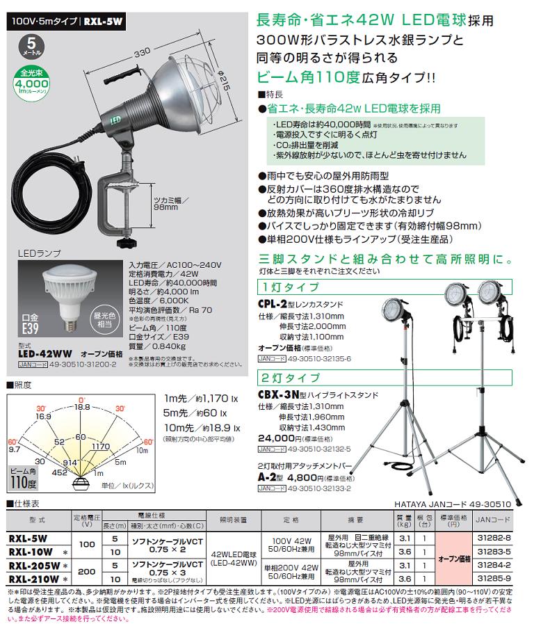 お手頃価格 HATAYA ハタヤリミテッド 42W LED作業灯 100V 42W 5m電線付